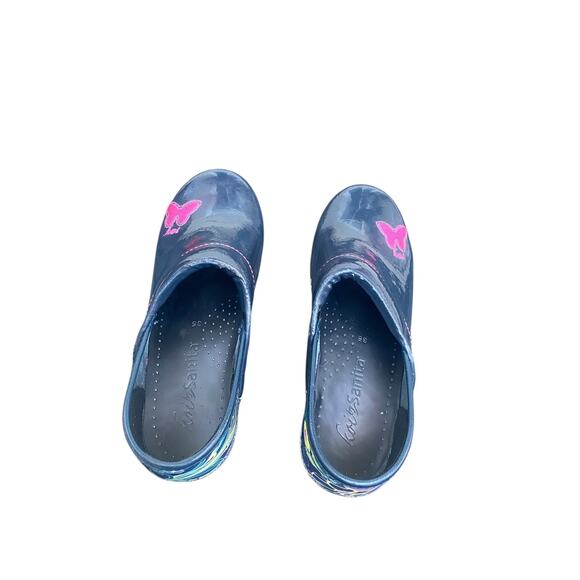 Sanita Womens Patent Leather Clogs EU 35 US 4 Navy Blue Butterfly Work Shoes - Picture 15 of 15